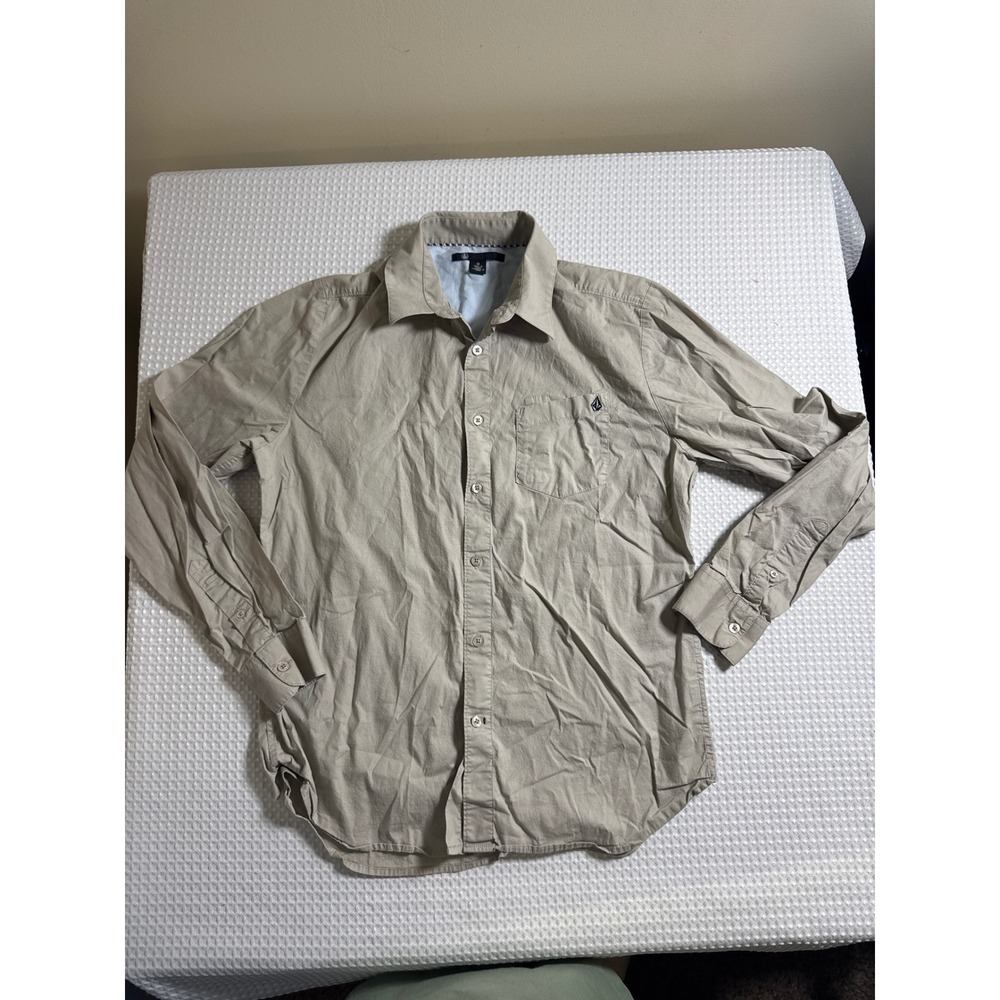Volcom Shirt Mens Medium Xfactor Solid L/S Tan Button-down EUC